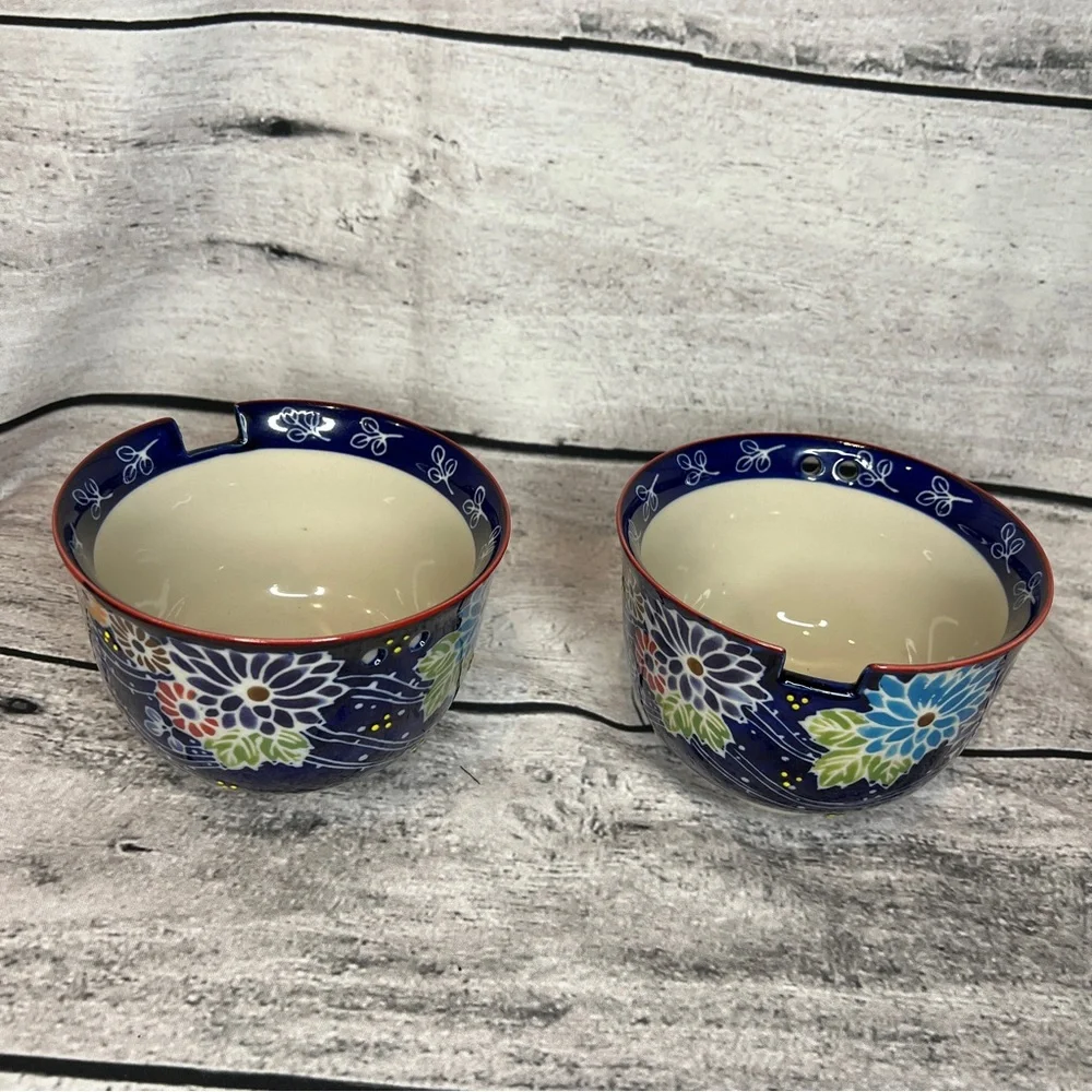 Urban Tokyo Nacomi Japanese Navy Blue Floral Ceramic Ramen Noodle Bowls Lot of 2